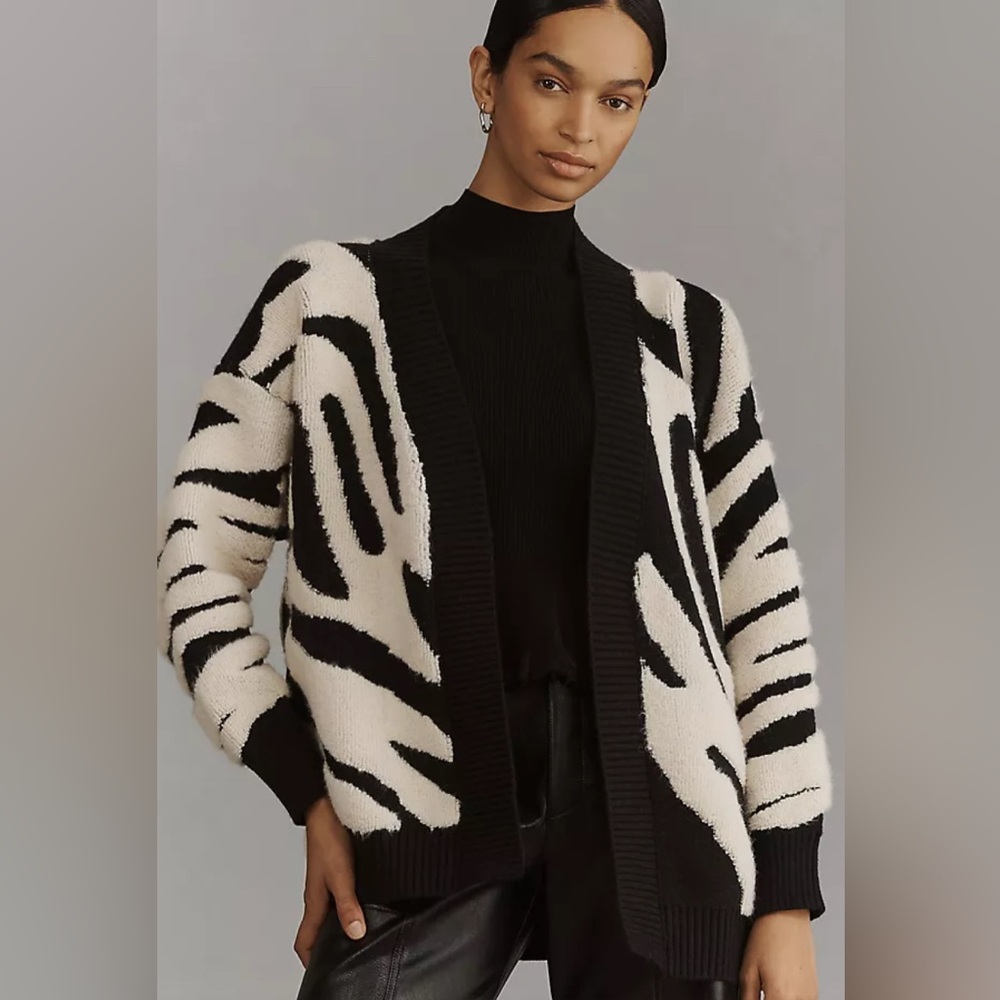 Anthropologie Zebra Print Open Cardigan One Size Black Cream Boho Chic